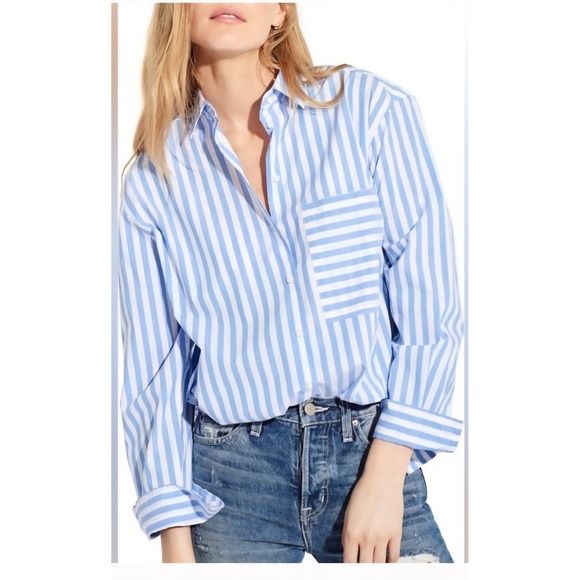 AYR The Deep End Cotton Oxford Button Down Women Shirt Blue Stripe LRG Oversized - Picture 1 of 9